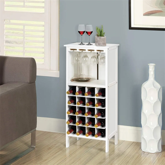 Freestanding Wine Cabinet For 20 Bottles, Wines Glasses Holder Organiser Rack, Home Kitchen Wine Cellar Wine Storage Display Shelf (Freestanding, Whit