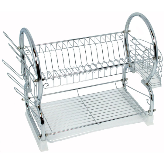 Buckingham 56 cm Steel Deluxe 2-Tier Chrome Plated Dish Drainer Cup Glasses Crockery Cutlery Utensil Drainer with Drip Removable Tray, Silver