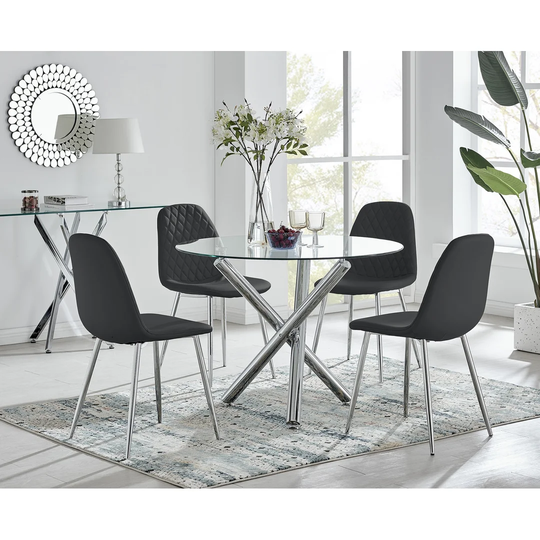 Selina Round Dining Table And 4 Black Corona Silver Leg Chairs