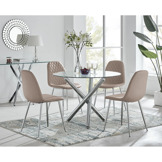 Selina Round Dining Table And 4 Cappuccino Corona Silver Leg Chairs