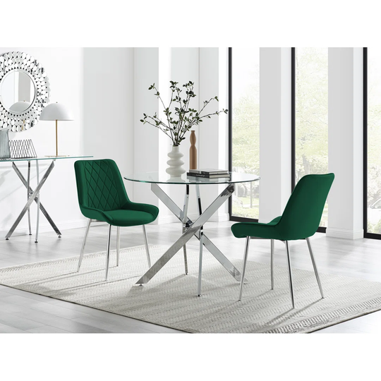 Novara 100Cm Round Dining Table And 2 Green Pesaro Silver Leg Chairs