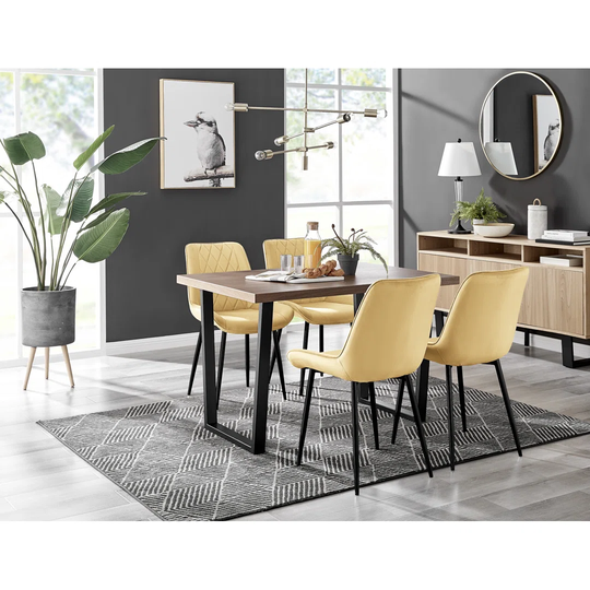 Kylo Brown Wood Effect Dining Table & 4 Mustard Pesaro Black Leg Chairs