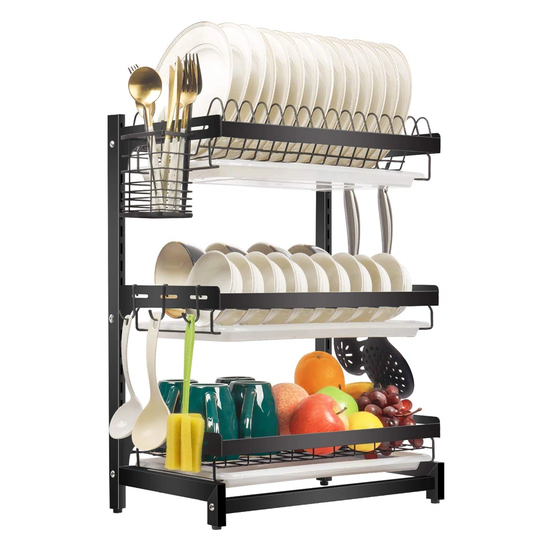 Dish Rack Drainer With Tray Dish Drying Rack With Drainboard Set For Kitchen Counter Stainless Steel For Plate Bowls Cups Removable 3 Tier Black