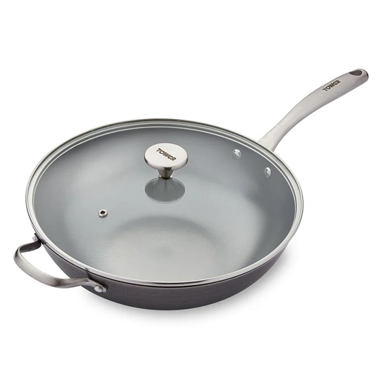 Tower Titan T800228 32cm Cast Iron Wok with Side Handle, Strong Cast Iron Body and Environmentally Safe, Graphite