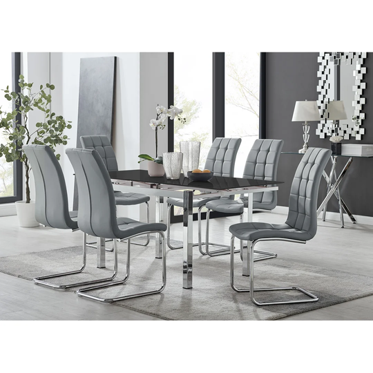 Enna Black Glass Extending Dining Table And 6 Grey Murano Chairs