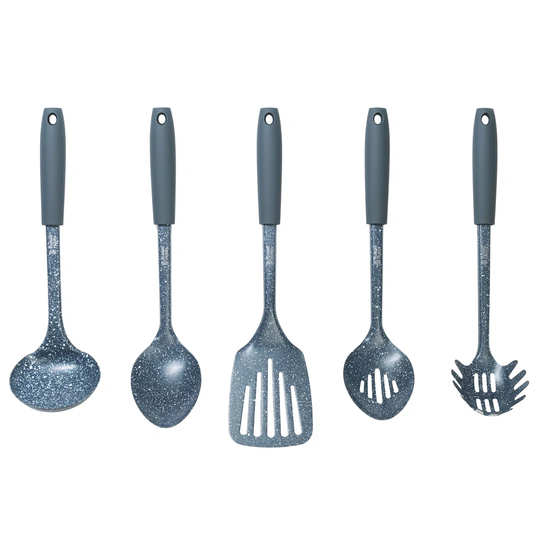 5 Piece Kitchen Utensil Set, Spatula, Spaghetti Server, Ladle, Slotted And Solid Spoon, Soft-Touch Handles, Blue Marble