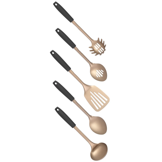 5 Piece Kitchen Utensil Set, Non-Stick Coating & Soft-Touch Handles, Includes, Solid, Slotted Spatula, Spaghetti Spoon And Ladle, Black/Gold