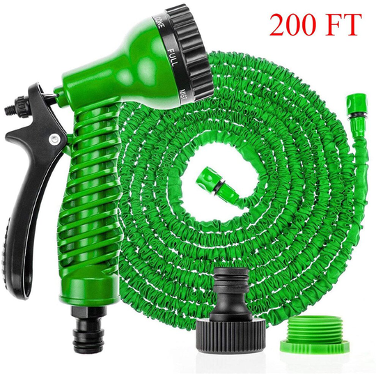 (Green) 200FT Expanding Flexible Garden Hose Pipe Fiiting for 1/2" & 3/4" Faucet, 3X Expanding + 7 Setting Spray Gun for Car Washing, Pet Showering, W