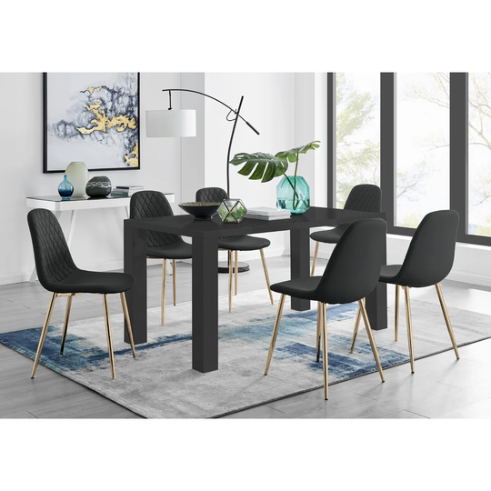 Pivero 6 Black Dining Table And 6 Black Corona Gold Leg Chairs