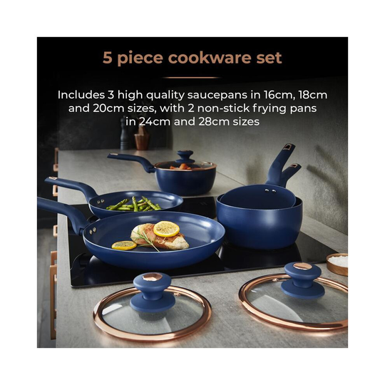 Tower Cavaletto 5 Piece Pan Set Midnight Blue/Rose Gold 5 Yr Guarantee