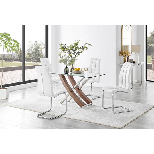 Mayfair Glass & Brown Wood Effect Dining Table & 4 White Murano Chairs