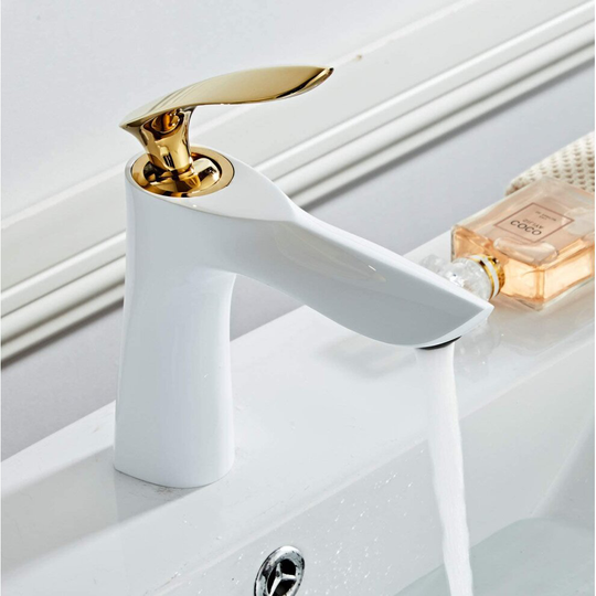 Bathroom Mixer Tap One Lever One Hole Basin Sink Tap, White & Polished Gold