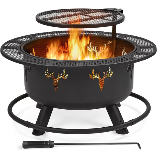 57Cm H x 82.5Cm W Iron Wood Burning Outdoor Fire Pit with Lid