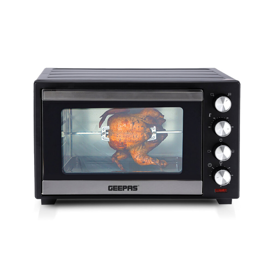 Geepas 38L Mini Oven Grill Electric Oven with Rotisserie Cooker 1600W 60 Minutes Timer 6 Selectors for Baking, Roasting & Grilling, Double Glass Door