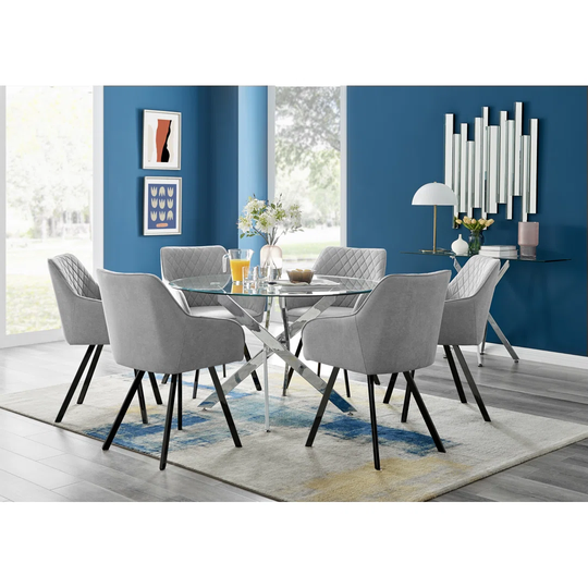 Novara 120Cm Round Glass Dining Table & 6 Light Grey Falun Black Leg Chairs
