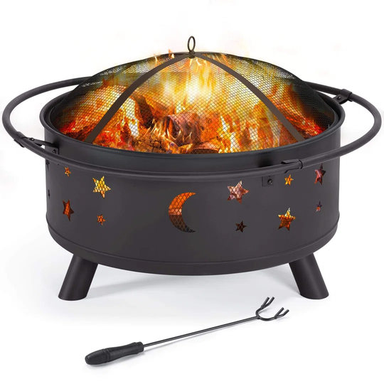 Fire Pits For Garden Outdoor Fire Bowl With Stars Moons Pattern Including Poker Mesh Cover For BBQ/Backyard/Outdoor Fireplace,76X 76X 50Cm,Black
