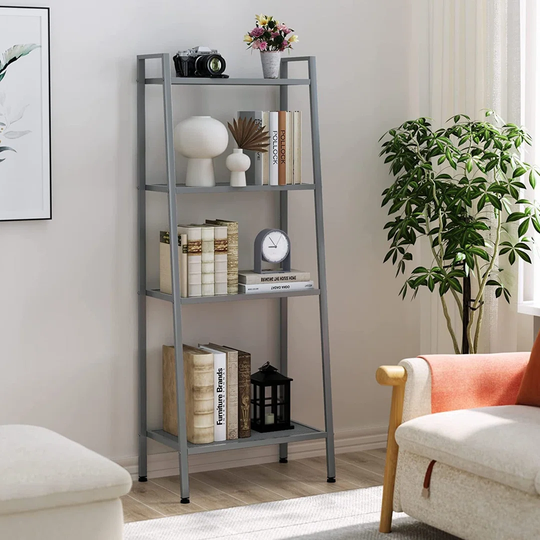 Ladder Shelf 4 Tiers Bookcase Bookshelves Free Standing Storage Rack Display Shelving Unit For Living Room Kitchen Office 60X35x147cm Silver