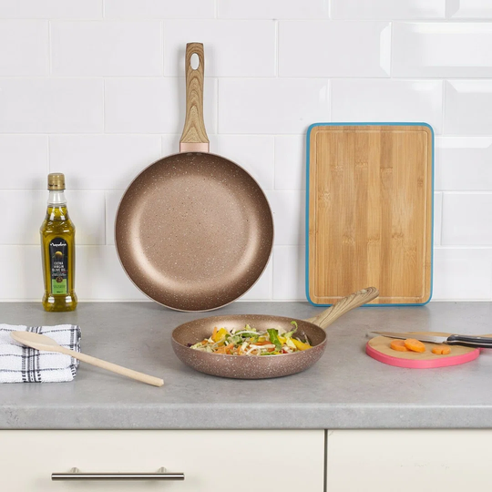 Belfry Kitchen Rose Gold Pots & Pans With Wood Look Handles[24Cm Frying Pan + 28Cm Frying Pan [848357]]