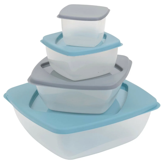 Set Of 8 Food Containers Green & Grey + Blue & Grey - Square