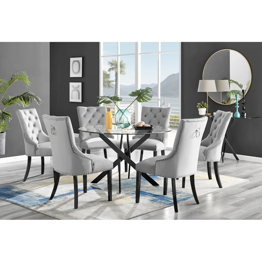 Novara Black Leg 120Cm Round Glass Dining Table & 6 Grey Belgravia Black Leg Chairs
