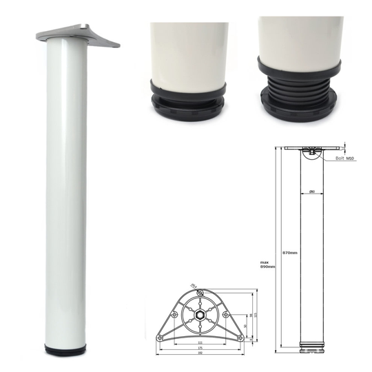 (2) 870mm Adjustable White Breakfast Bar Worktop Support Table Leg ø80mm
