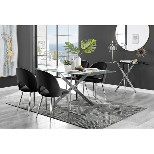 Leonardo Glass And Chrome Dining Table & 4 Black Arlon Silver Leg Chairs