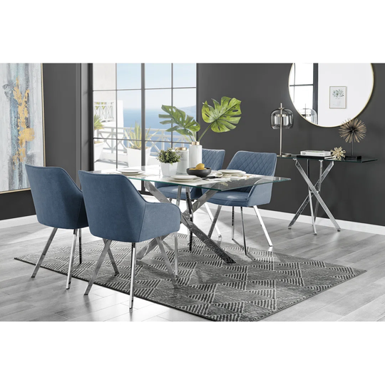 Leonardo Glass And Chrome Dining Table & 4 Blue Falun Silver Leg Chairs