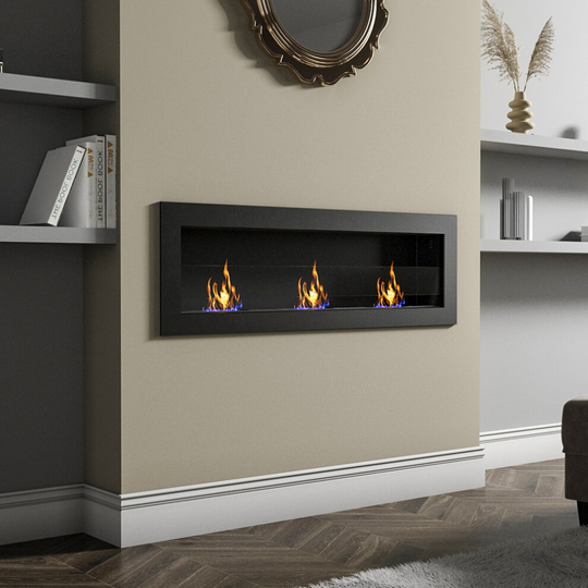 (140CM Black) Indoor Wall Mounted Recessed Bio Ethanol Fireplace Realistic Flame
