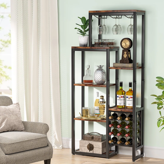 Taneytown 6 Bottle Floor Wine Bottle & Glass Rack in Rustic Brown/Black