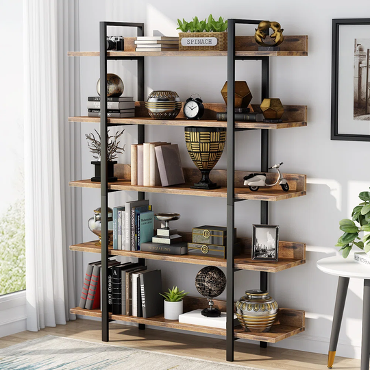 Bookshelf Bookcase Storage Rack Standing Shelf 5-Tier Industrial Stable Bookcase With Iron Tube Frame
