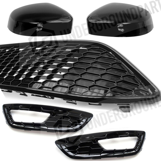 Black Edition Front Grilles & Black Mirror Covers to fit Ford Focus Mk3 2015 - 2018