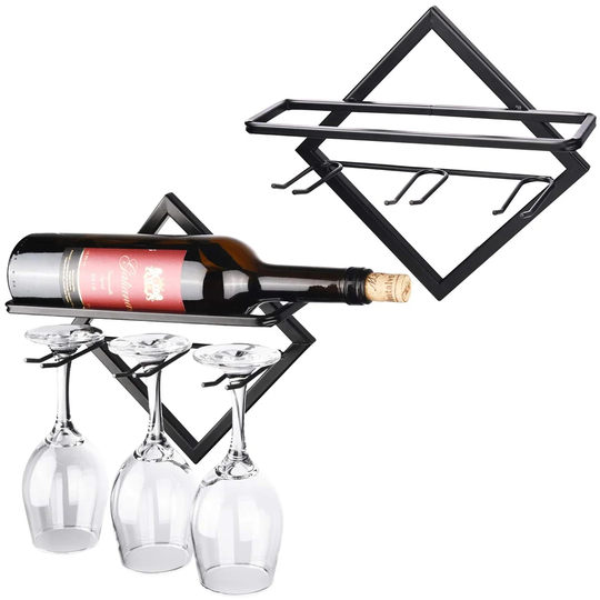 Deshayla 2 Bottle Wall Mounted Wine Bottle & Glass Rack in Black