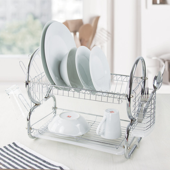 (Chrome ) SQ Professional 2 Tier Dish Drainer with Drip Tray