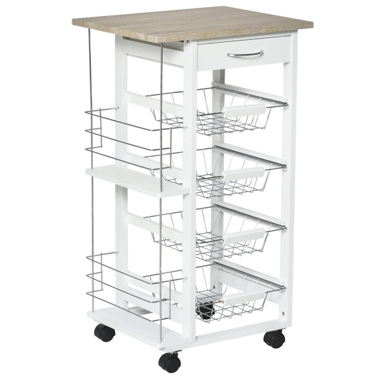 HOMCOM Kitchen Island Trolley with Baskets Side Racks Drawer Natural