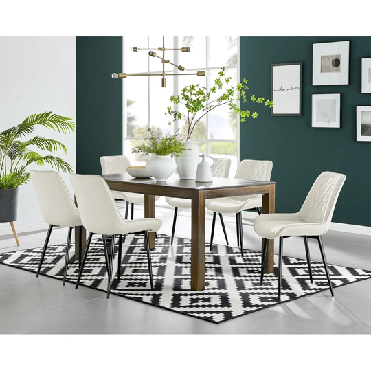 Anders Dark Walnut Solid Wood Dining Table & 6 Cream Pesaro Black Leg Chairs