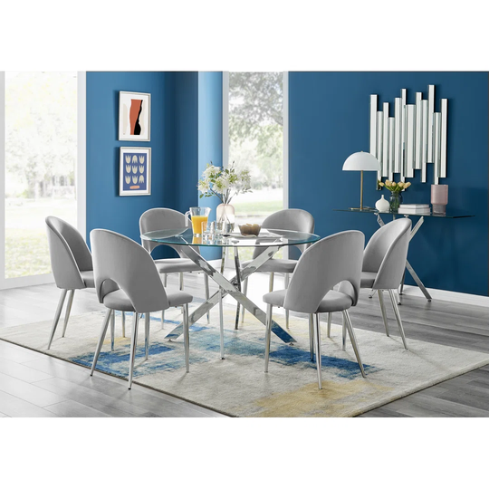 Novara 120Cm Round Glass Dining Table & 6 Grey Arlon Silver Leg Chairs