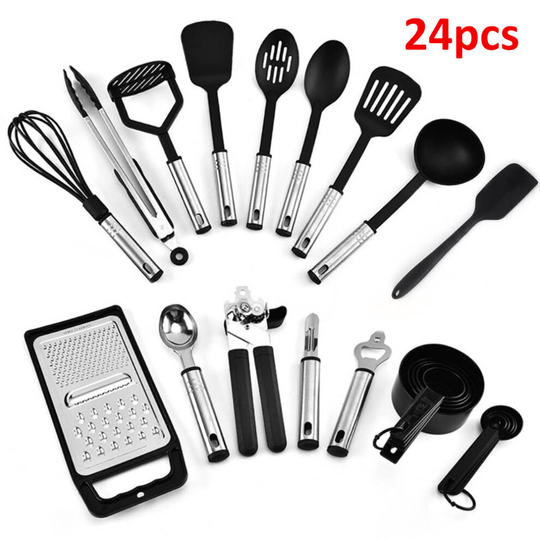 24Pcs Kitchen Silicone Cooking Set Non-stick Spatula Turner Black UK