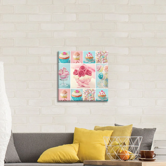 Colourful Cupcakes Art Print on Wrapped Canvas in Pink/Blue/Cream