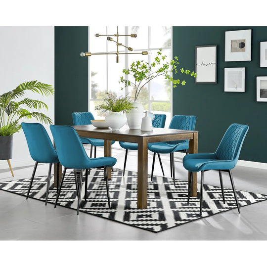 Anders Dark Walnut Solid Wood Dining Table & 6 Blue Pesaro Black Leg Chairs