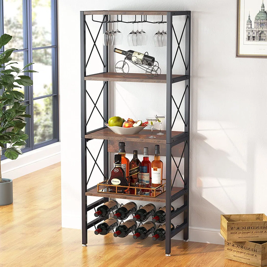 Tamar 9 Bottle Floor Wine Bottle & Glass Rack in Rustic Brown/Black
