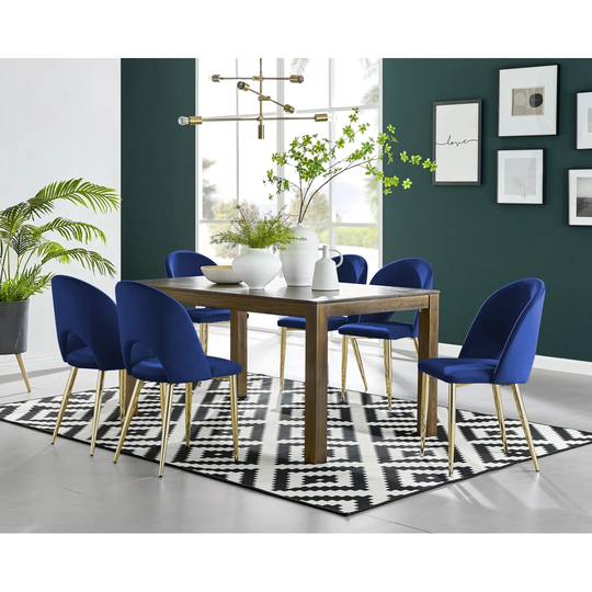 Anders Dark Walnut Solid Wood Dining Table & 6 Blue Arlon Gold Leg Chairs