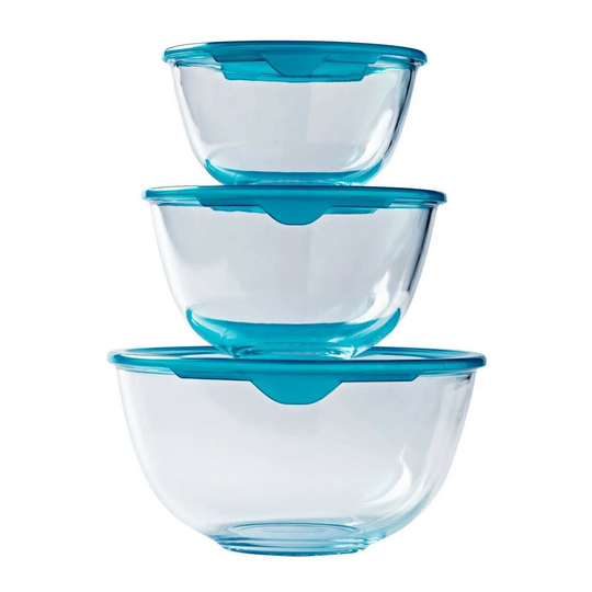 Pyrex Prep & Store 3 Glass Mixing Bowls With Blue Lids - 0.5l / 1.0l / 2.0l
