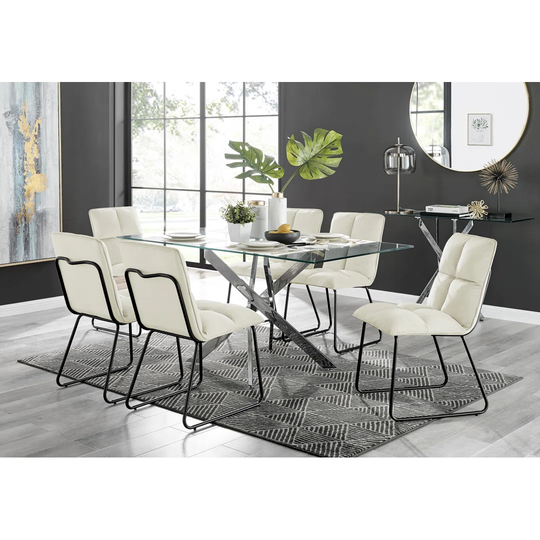 Leonardo Glass And Chrome Dining Table & 6 Cream Menen Chairs