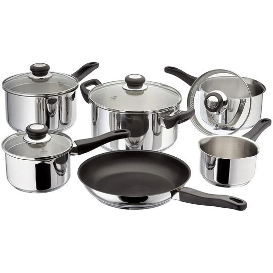 Judge Vista, 6 Piece Stainless Steel Saucepan Set with Glass Drainng Lids, 14cm Milk Pan, 16/18/20cm Saucepans, 24cm Casserole & 26cm Non-Stick Frying