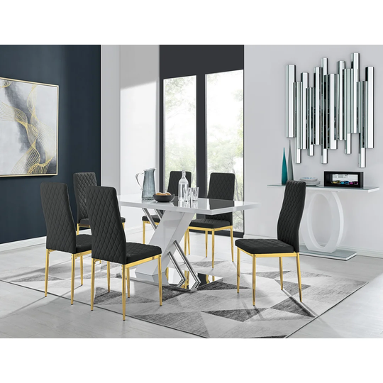 Chowchilla 6 White Dining Table And 6 Black Gold Leg Chairs