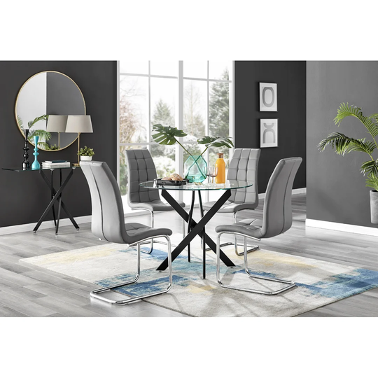 Novara Black Leg Round Glass Dining Table & 4 Grey Murano Chairs
