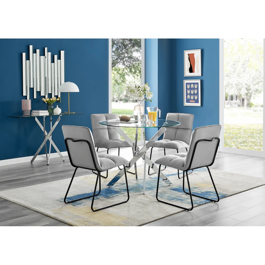Novara Round Glass Dining Table & 4 Light Grey Menen Chairs