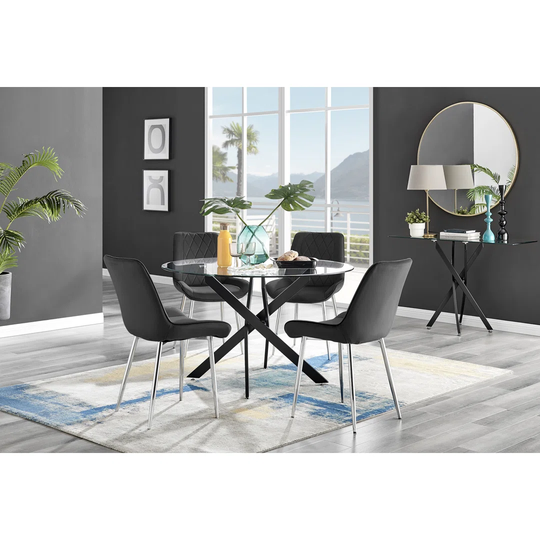 Novara Black Leg 120Cm Round Glass Dining Table & 4 Black Pesaro Silver Leg Chairs