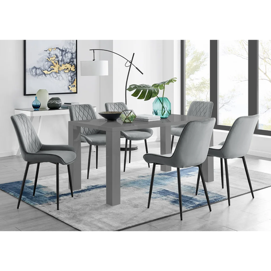 Pivero 6 Grey Dining Table And 6 Grey Pesaro Black Leg Chairs