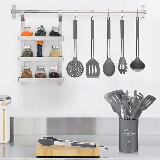 Silicone Kitchen Utensils Set, Heat Resistant With Stainless Steel Handles For Cooking And Baking, Non-Stick Spatula Cookware Set (Grey)